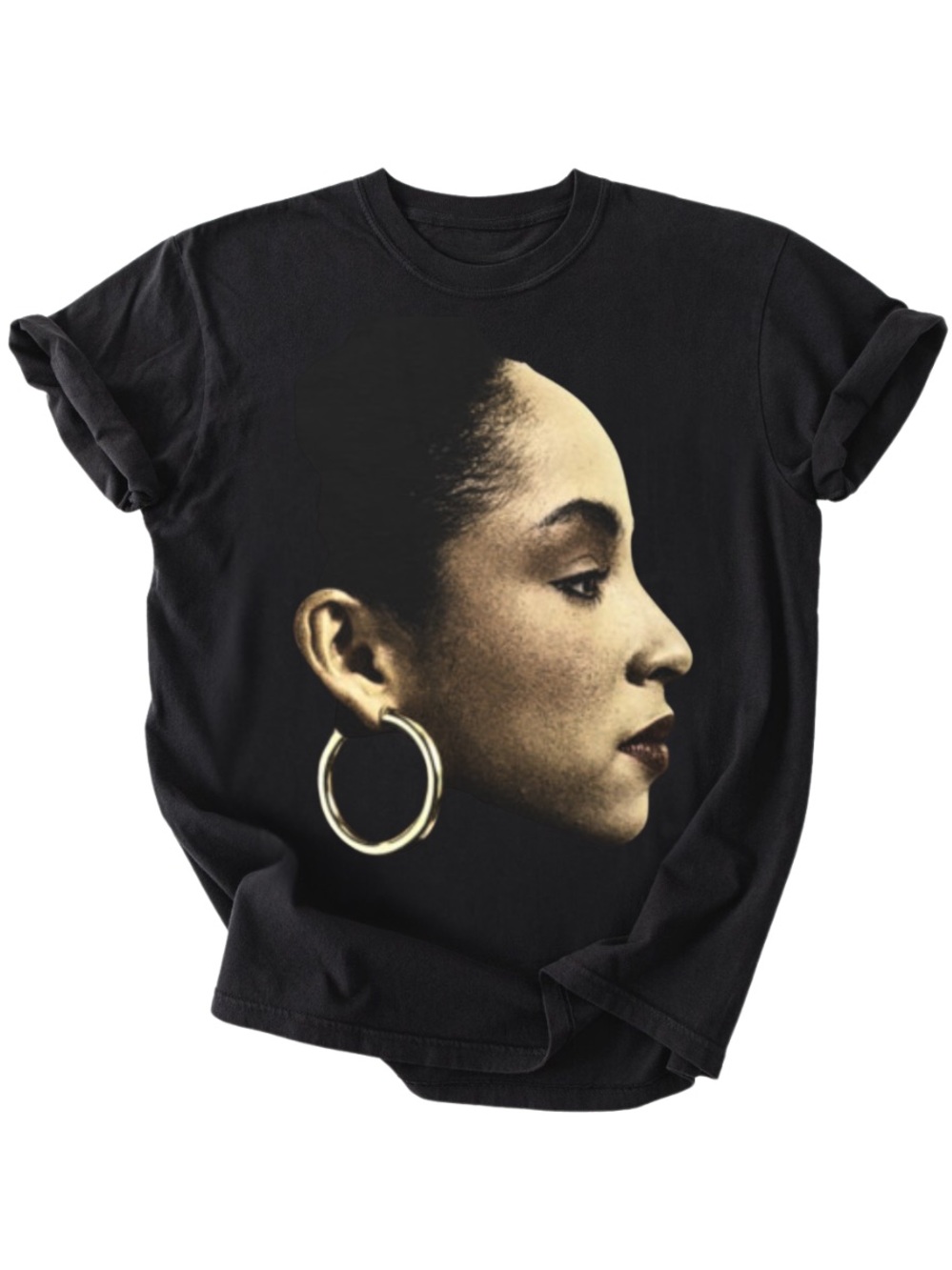 Black Graphic Sade Profile Tee with Gold Hoop Accent, Vintage style